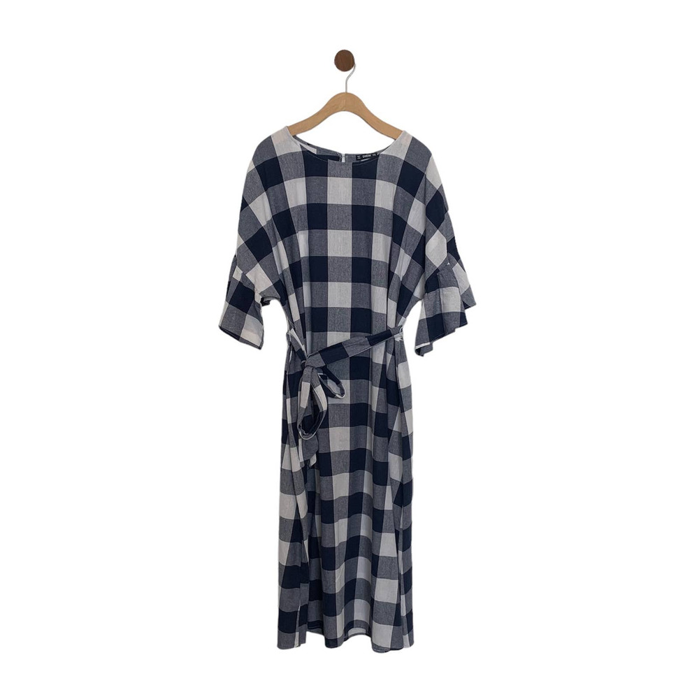 Shein Womens Midi Dress Size 2XL Navy Blue White Plaid Tie-waist Short Sleeve